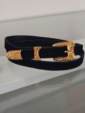 Michael Morrison Vintage Black Suede Belt with Gold Crystal Buckle